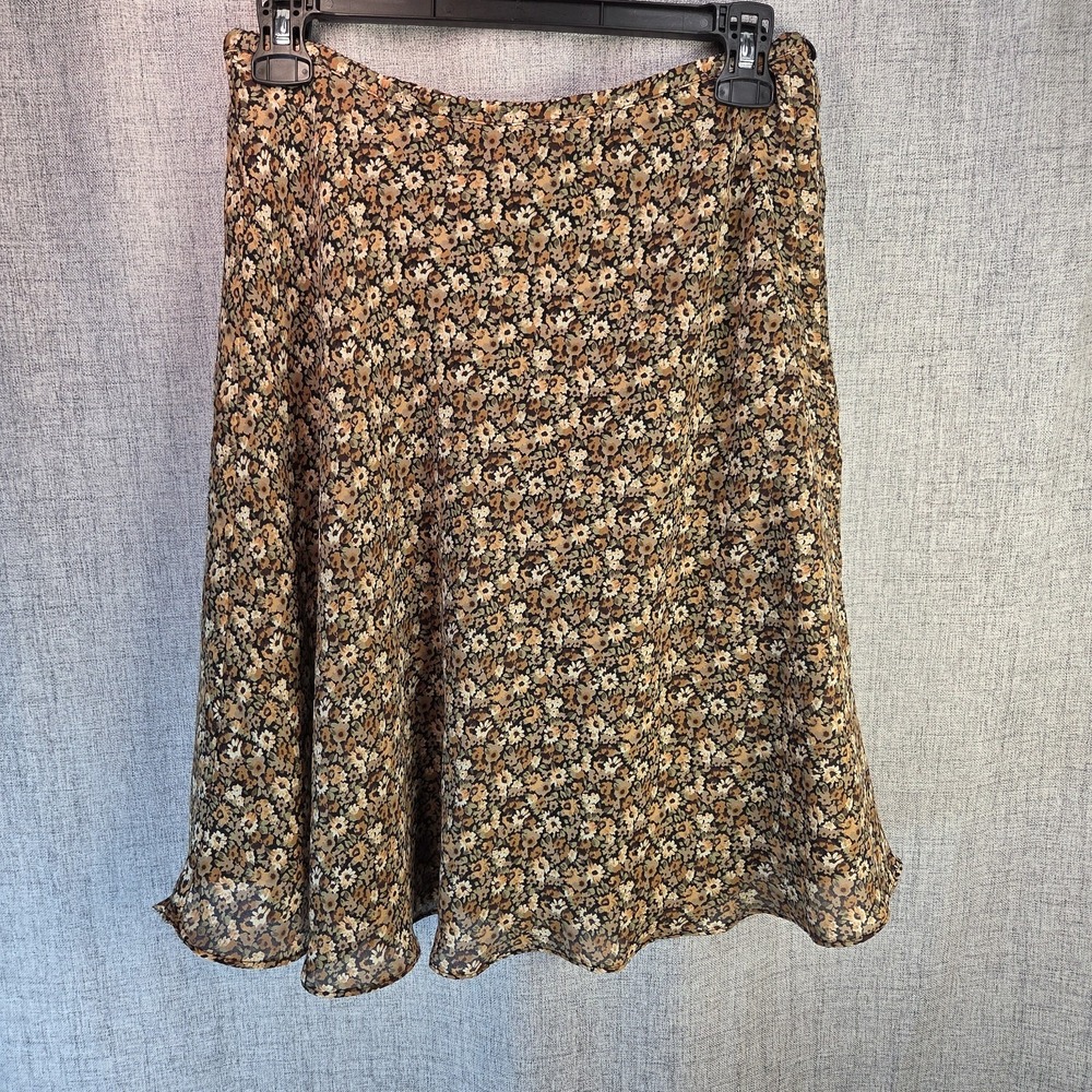 VTG 90s Express Med Flared Skater Skirt Side Zip Brown Ditzy Floral Boho Fairy
